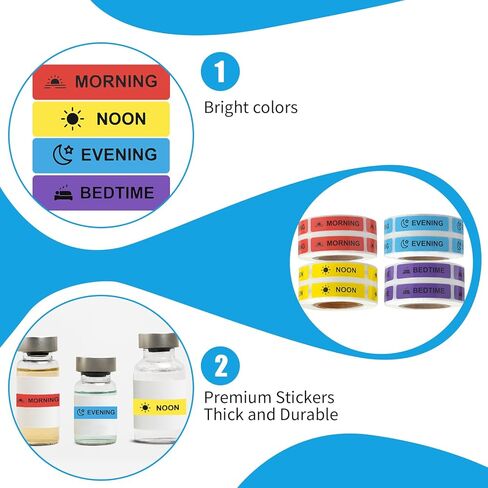 Medicine Stickers Medication Instruction Label Permanent Paper Label AM NOON PM Bedtime for Pill case Planner 0.4 * 1.6inch (500 per Roll 4 Pack) in Kuwait