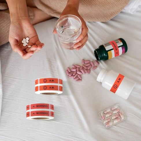 Medicine Stickers Medication Instruction Label Permanent Paper Label AM NOON PM Bedtime for Pill case Planner 0.4 * 1.6inch (500 per Roll 4 Pack) in Kuwait
