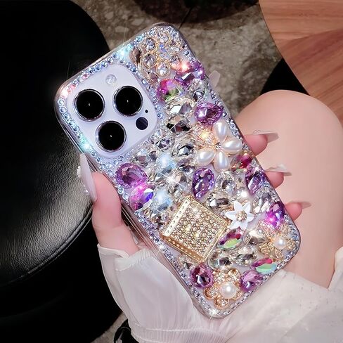 Compatible with iPhone 17 Pro Max Case Luxury Cute Bling Design Rhinestone Diamond Glitter Sparkle Girly Protective Phone Cover Case for Women Girl Purple in Kuwait