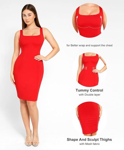 Popilush Shapewear Dress Workwear Built in Shapewear Dress Square Neck Sleeveless Dress 3D HIPS Offer in Saudi Arabia