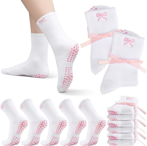 Jeyiour 5 Pairs Coquette Bow Socks for Women Pure Cotton Non Slip Pilate Grips Socks with Embroidered for Yoga Barre Ballet in Saudi Arabia