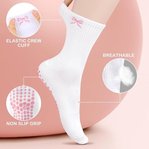 Jeyiour 5 Pairs Coquette Bow Socks for Women Pure Cotton Non Slip Pilate Grips Socks with Embroidered for Yoga Barre Ballet in Saudi Arabia