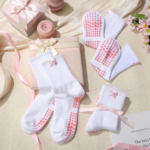 Jeyiour 5 Pairs Coquette Bow Socks for Women Pure Cotton Non Slip Pilate Grips Socks with Embroidered for Yoga Barre Ballet in Saudi Arabia
