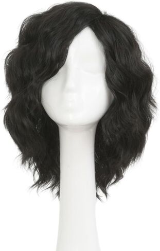 Swiking Mens Black Short Curly Wig Side Part Anime Hair Wig Fluffy Wave Cosplay Halloween Costume Unisex Wigs in Saudi Arabia