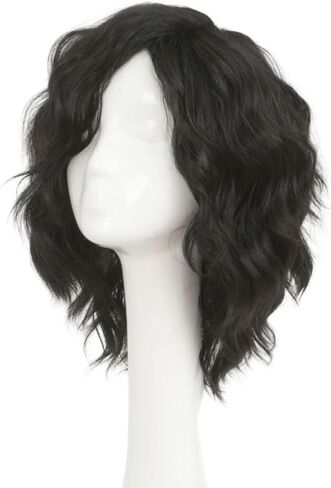 Swiking Mens Black Short Curly Wig Side Part Anime Hair Wig Fluffy Wave Cosplay Halloween Costume Unisex Wigs in Kuwait