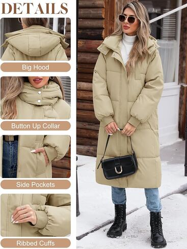 Women's Long Puffer Jacket Winter Thicken Warm Quilted Jacket Coat Fashion Hooded Zip Up Parka Outerwear with Pockets in Saudi Arabia