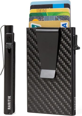 محافظ حامل البطاقات للرجال | محفظة ألمنيوم نحيفة | محفظة منبثقة معدنية بسيطة تحجب RFID | مقطع المال والفرقة النقدية | لوحة مدمجة قابلة للتوسيع | اكسسوارات وهدايا رجالية للرجال، أسود in Saudi Arabia