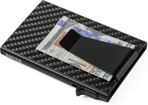 محافظ حامل البطاقات للرجال | محفظة ألمنيوم نحيفة | محفظة منبثقة معدنية بسيطة تحجب RFID | مقطع المال والفرقة النقدية | لوحة مدمجة قابلة للتوسيع | اكسسوارات وهدايا رجالية للرجال، أسود in Saudi Arabia