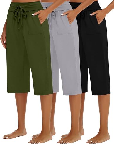 3 Pack Women's Capri Pants, Cotton Drawstring Capris Sweatpants Casual Summer Loose Fit Cropped Pants with Pockets in Kuwait