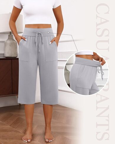 3 Pack Women's Capri Pants, Cotton Drawstring Capris Sweatpants Casual Summer Loose Fit Cropped Pants with Pockets in Kuwait