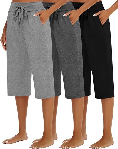 3 Pack Women's Capri Pants, Cotton Drawstring Capris Sweatpants Casual Summer Loose Fit Cropped Pants with Pockets in Saudi Arabia