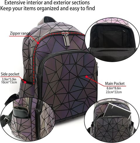 Geometric Women's Backpack Geometries Glow Large Purse Backpack Geometrical Luminous Bag Holographic Travel Bags Retro Daypack for Casual, College, Work in Saudi Arabia
