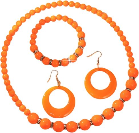 3Pcs Colorful Acrylic Round Beaded Necklace Bracelet Earrings Set Vintage Lightweight Resin Neon Beads Choker Necklace Geometric Statement Necklace for Women 70S 80S Costume Party Jewelry in Saudi Arabia