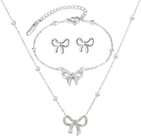 Gold Bow Necklace Bracelet Earrings Set for Women Gold Bowknot Choker Necklace Ribbon Stud Earrings Silver Bow Bracelet Christmas Holiday Jewelry in Saudi Arabia