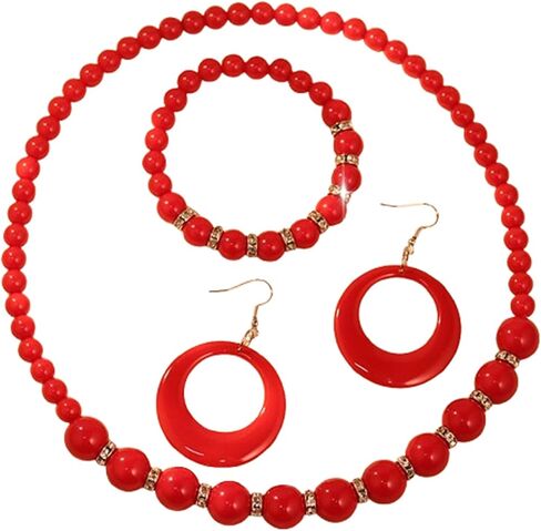 3Pcs Colorful Acrylic Round Beaded Necklace Bracelet Earrings Set Vintage Lightweight Resin Neon Beads Choker Necklace Geometric Statement Necklace for Women 70S 80S Costume Party Jewelry in Saudi Arabia
