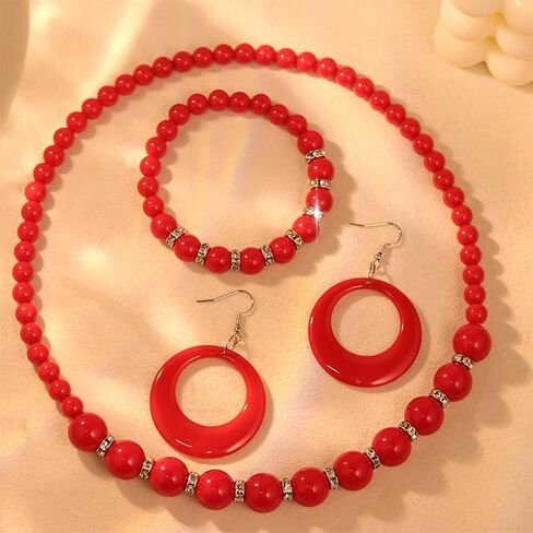 3Pcs Colorful Acrylic Round Beaded Necklace Bracelet Earrings Set Vintage Lightweight Resin Neon Beads Choker Necklace Geometric Statement Necklace for Women 70S 80S Costume Party Jewelry in Saudi Arabia