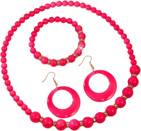 3Pcs Colorful Acrylic Round Beaded Necklace Bracelet Earrings Set Vintage Lightweight Resin Neon Beads Choker Necklace Geometric Statement Necklace for Women 70S 80S Costume Party Jewelry in Saudi Arabia
