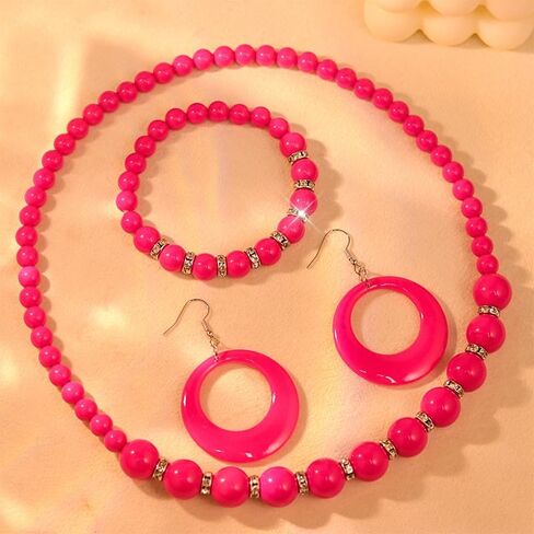3Pcs Colorful Acrylic Round Beaded Necklace Bracelet Earrings Set Vintage Lightweight Resin Neon Beads Choker Necklace Geometric Statement Necklace for Women 70S 80S Costume Party Jewelry in Saudi Arabia