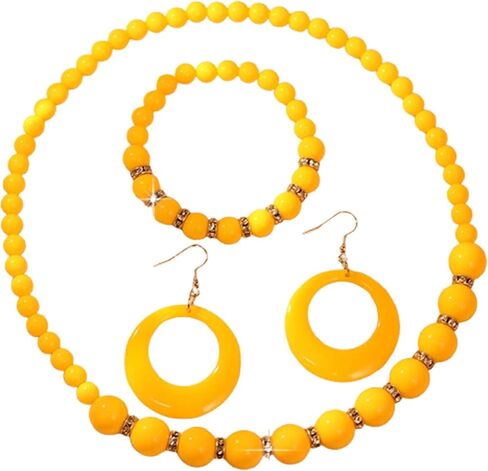 3Pcs Colorful Acrylic Round Beaded Necklace Bracelet Earrings Set Vintage Lightweight Resin Neon Beads Choker Necklace Geometric Statement Necklace for Women 70S 80S Costume Party Jewelry in Saudi Arabia