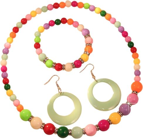 3Pcs Colorful Acrylic Round Beaded Necklace Bracelet Earrings Set Vintage Lightweight Resin Neon Beads Choker Necklace Geometric Statement Necklace for Women 70S 80S Costume Party Jewelry in Saudi Arabia