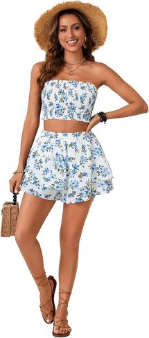 LYANER Women's 2 Piece Summer Outfits Boho Flora Print Crop Top Sleeveless Shirred Tube Top and Shorts Sets in Saudi Arabia