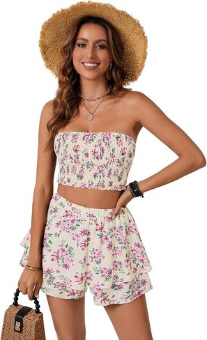 LYANER Women's 2 Piece Summer Outfits Boho Flora Print Crop Top Sleeveless Shirred Tube Top and Shorts Sets in Saudi Arabia