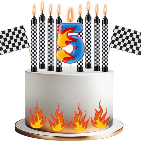 15 Pcs Racing Cars Themed Birthday Number Candles Truck Wheel Candle Black and White Checkered Flag Cake Topper Fire Race Car Cake Decoration for Birthday Party Decoration Supplies(Number 5) in Saudi Arabia