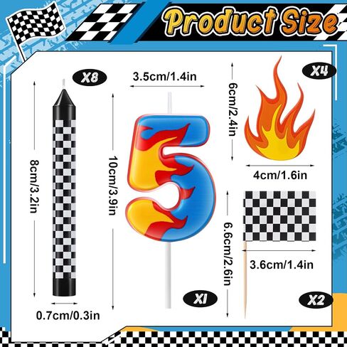 15 Pcs Racing Cars Themed Birthday Number Candles Truck Wheel Candle Black and White Checkered Flag Cake Topper Fire Race Car Cake Decoration for Birthday Party Decoration Supplies(Number 5) in Saudi Arabia