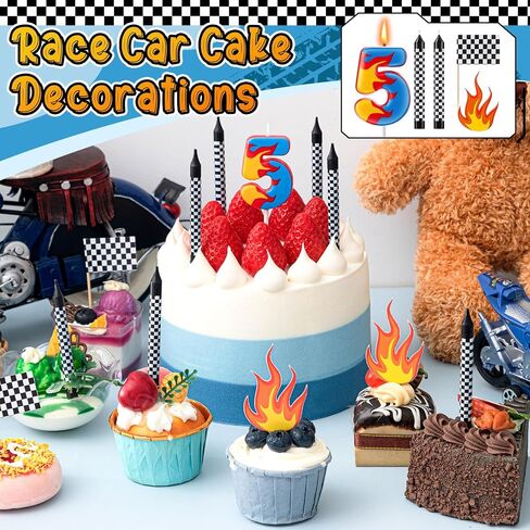 15 Pcs Racing Cars Themed Birthday Number Candles Truck Wheel Candle Black and White Checkered Flag Cake Topper Fire Race Car Cake Decoration for Birthday Party Decoration Supplies(Number 5) in Saudi Arabia