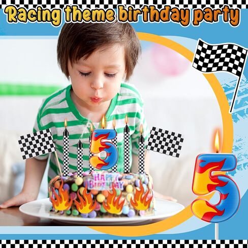15 Pcs Racing Cars Themed Birthday Number Candles Truck Wheel Candle Black and White Checkered Flag Cake Topper Fire Race Car Cake Decoration for Birthday Party Decoration Supplies(Number 5) in Saudi Arabia