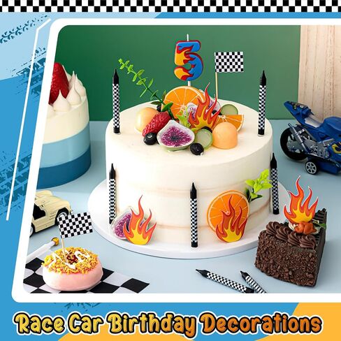 15 Pcs Racing Cars Themed Birthday Number Candles Truck Wheel Candle Black and White Checkered Flag Cake Topper Fire Race Car Cake Decoration for Birthday Party Decoration Supplies(Number 5) in Saudi Arabia