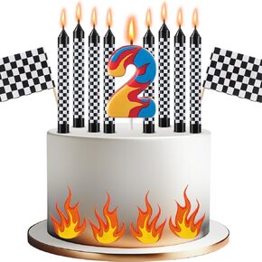 15 Pcs Racing Cars Themed Birthday Number Candles Truck Wheel Candle Black and White Checkered Flag Cake Topper Fire Race Car Cake Decoration for Birthday Party Decoration Supplies(Number 5)