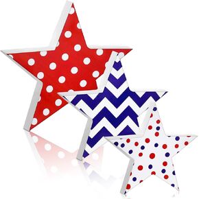 3 Pcs 4th of July table decorations Patriotic Wooden Star Centerpiece Sign Independence Day Tiered Tray Decor Memorial Day Tabletop Decorations for Home Festival Party Decor (Classic)