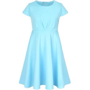 WELAKEN Girl's Short Sleeve Twirl Dress with Side Pockets, Crew Neck Fit and Flare Dress with Back Zipper