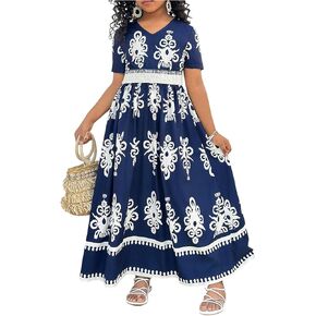 Floerns Girl's Tribal Print Short Sleeve Maxi Dress V Neck Flared A Line Dresses