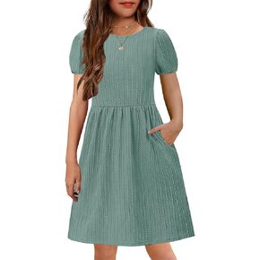 YOVION Girls Summer Dress Crew Neck Puff Sleeve Plain A-Line Casual Knit Dresses with Pockets for 6-12 Y