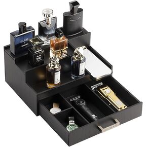 Cologne Organizer for Men, 3 Tier Perfume Display Stand with Drawer and Hidden Compartments, Stylish Wooden Mens Cologne Holder for Dresser Storage, Great Gift for Men/Fathers, Black
