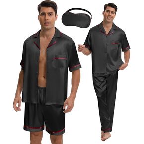 SEALINF Silk Pajamas for Men 4 Pcs Short Sleeve Button Down Sleepwear Satin Pajamas Set Shorts Long Pants Pjs with Sleep Mask