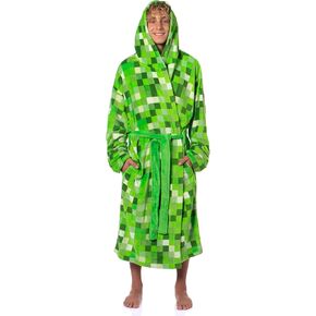 Bioworld Minecraft Men's Pixelated Creeper Soft Fleece Hooded Dressing Gown Bathrobe