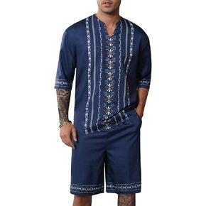 Men's Print Linen Shirts and Shorts Set Short Sleeve 2 Piece Beach Vacation Outfits Summer Yoga Suits With Pockets