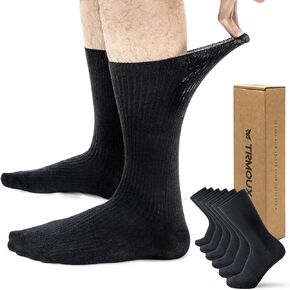 Diabetic Socks for Men & Women Extra Wide Non-Binding Super Soft Modal Blend Thin Black Neuropathy Crew Socks, Large, 6-Pack