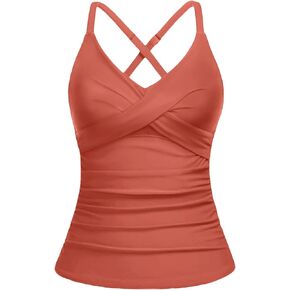 Women Tankini Bathing Suit Top - Twist Front V Neck Swim Top Only Brick Red Cross Tummy Control Swimsuit 2025 XL
