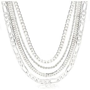 UILZ Solid 925 Sterling Silver Necklace 4pcs قلادة فضية مجموعة مع حبل فضي Figaro Cuban Link Chain 16 18 20 22 بوصة للرجال الهدايا المجوهرات لأبي زوجها