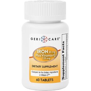Gericare Iron 65mg بالإضافة إلى أقراص فيتامين C 125mg-الحديد عالي الامتصاص لدعم فقر الدم ، وإنتاج خلايا الدم الحمراء ، وتقليل التعب ، وصحة المناعة-60 عددًا