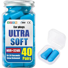 Azen 40 Bairs Plugs Plugs Bulk ، NRR 32DB Soft Foam Ear Slips لإلغاء ضوضاء النوم ، سدادات الأذن للحفلات الموسيقية التي تطلق ضوضاء السباحة (Lake Blue)