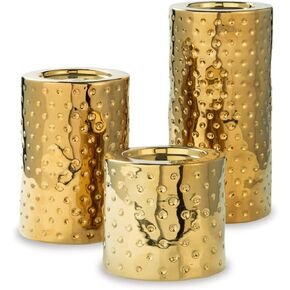 Signature Design by Ashley Marisa 3 Piece Glazed Ceramic Candle Holder Set, Gold