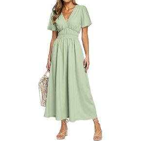 Simplee Women's Summer Flowy Midi Dress Casual V Neck Short Sleeve Empire Waist Boho Beach Dress Wedding Guest Maxi Dress