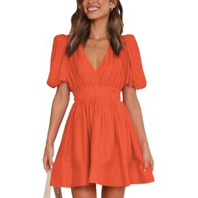 Women 2025 Summer Mini Dress Puff Short Sleeve Sexy V Neck A Line Elastic High Waist Flowy Swing Dresses