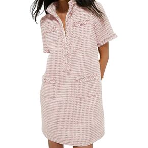 COZYPOIN Womens Tweed Mini Dress Elegant Front Half Zipper Short Sleeve Casual Work Straight Tube Dress with Pockets