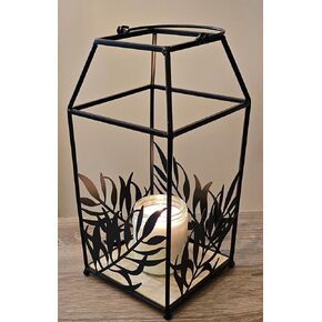 Modern Metal Candle Lantern with Leaf Design and Hanging Ring, Black, Indoor/Outdoor 12" Tall, Decorative, Unique Centerpiece
